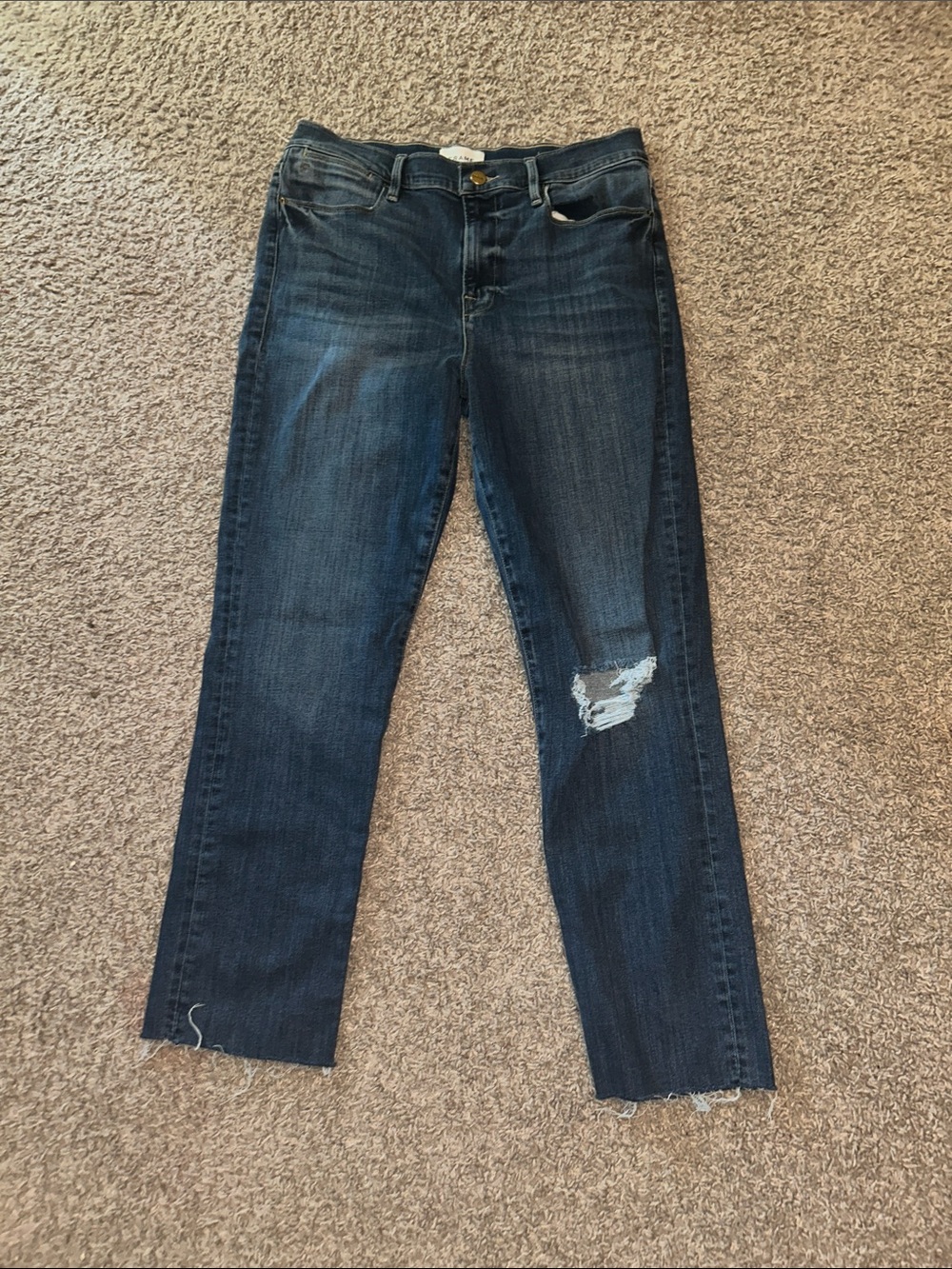 Frame Denim Dark Blue Straight-Leg Jeans with Knee Rip